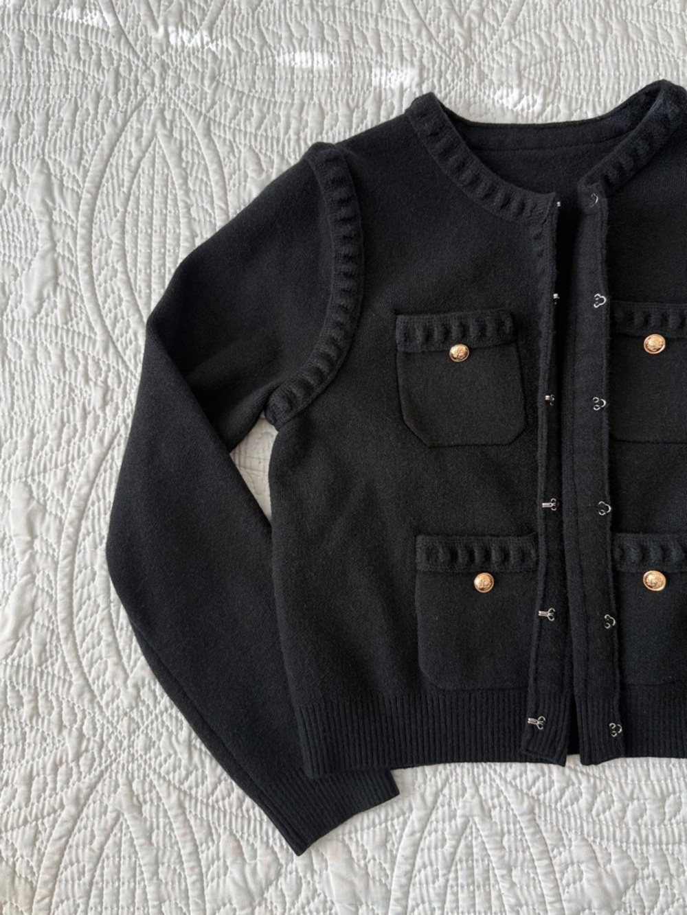 Classic Black Knit Cardigan with Gold Buttons - Picture 3 of 8